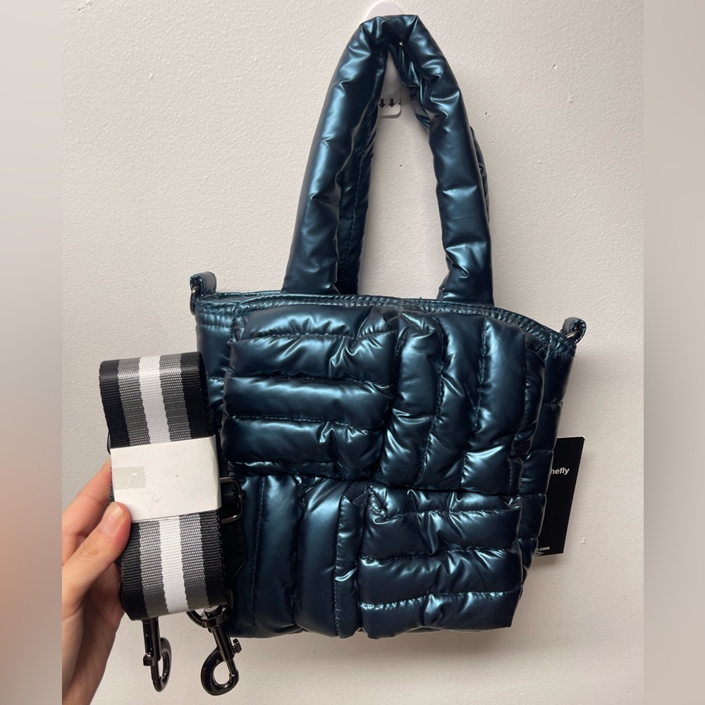 THINK ROYLN Lil' Shopper Peacock Metallic Blue Quilted Mini Bag Crossbody Strap